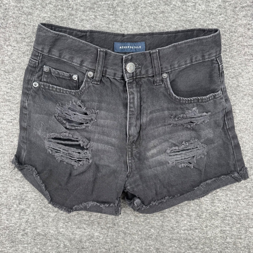 Aeropostale Womens Mom Shorts Black Distressed High‎ Waisted Denim Size 2